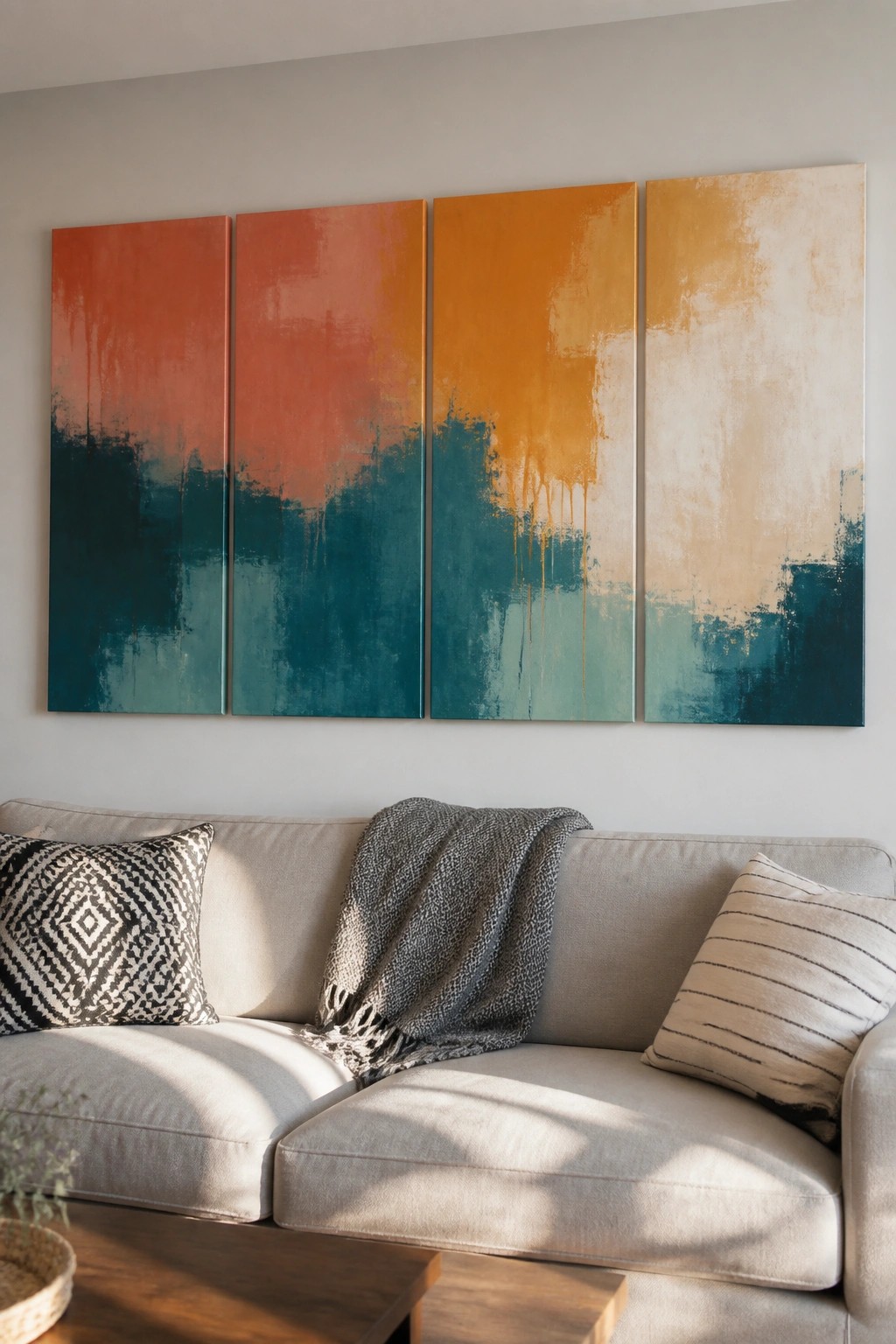 Four-panel abstract art in orange and teal above light gray sofa with pillows.