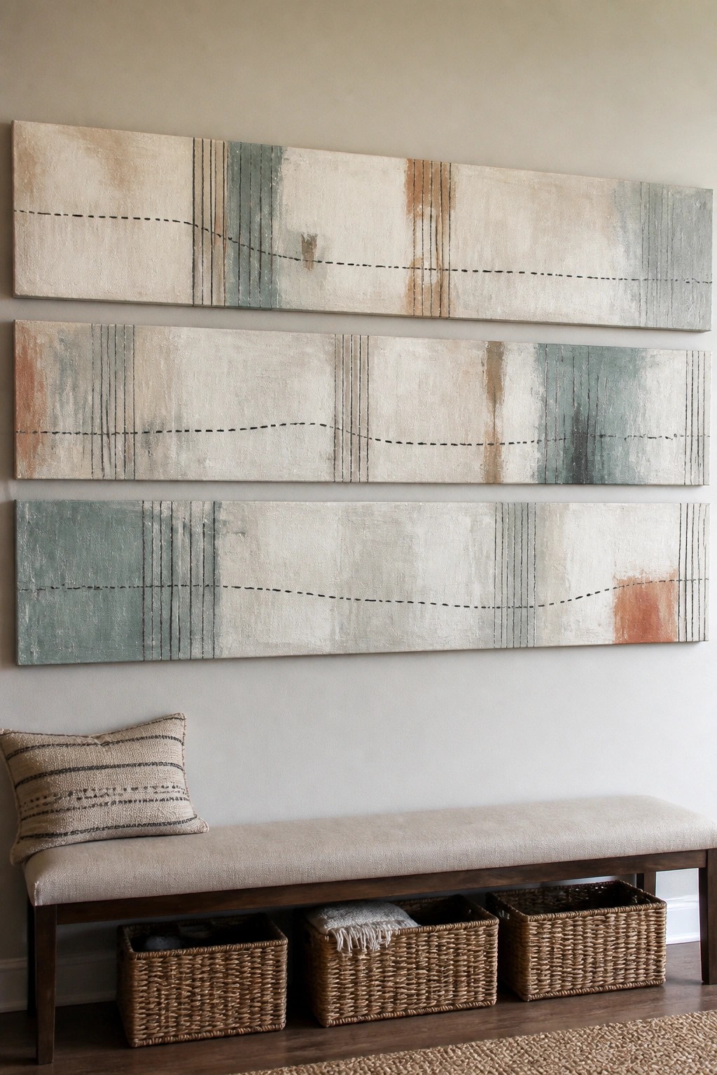Abstract triptych paintings above bench with pillow and woven baskets below