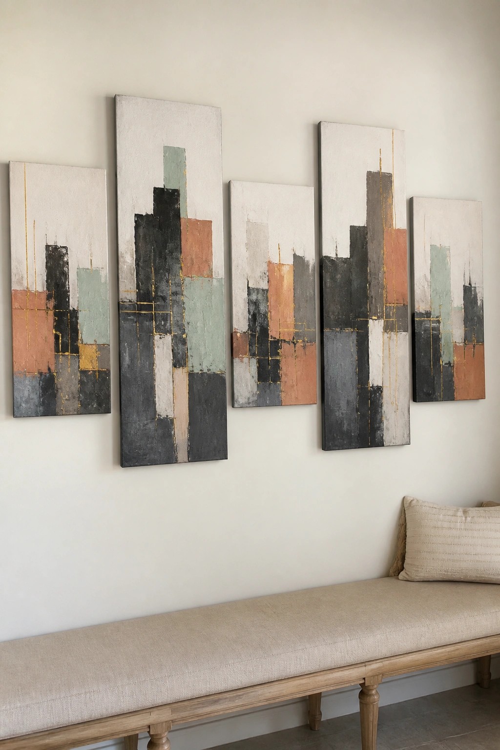 Five abstract paintings with geometric blocks in black, orange and green above a beige bench