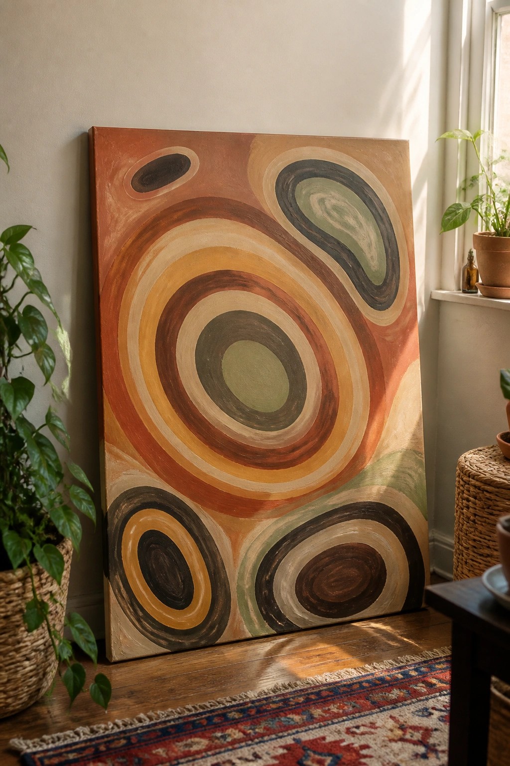 An abstract painting featuring multiple overlapping sets of concentric circles in rust, ochre, olive, and brown tones leaning against a wall.