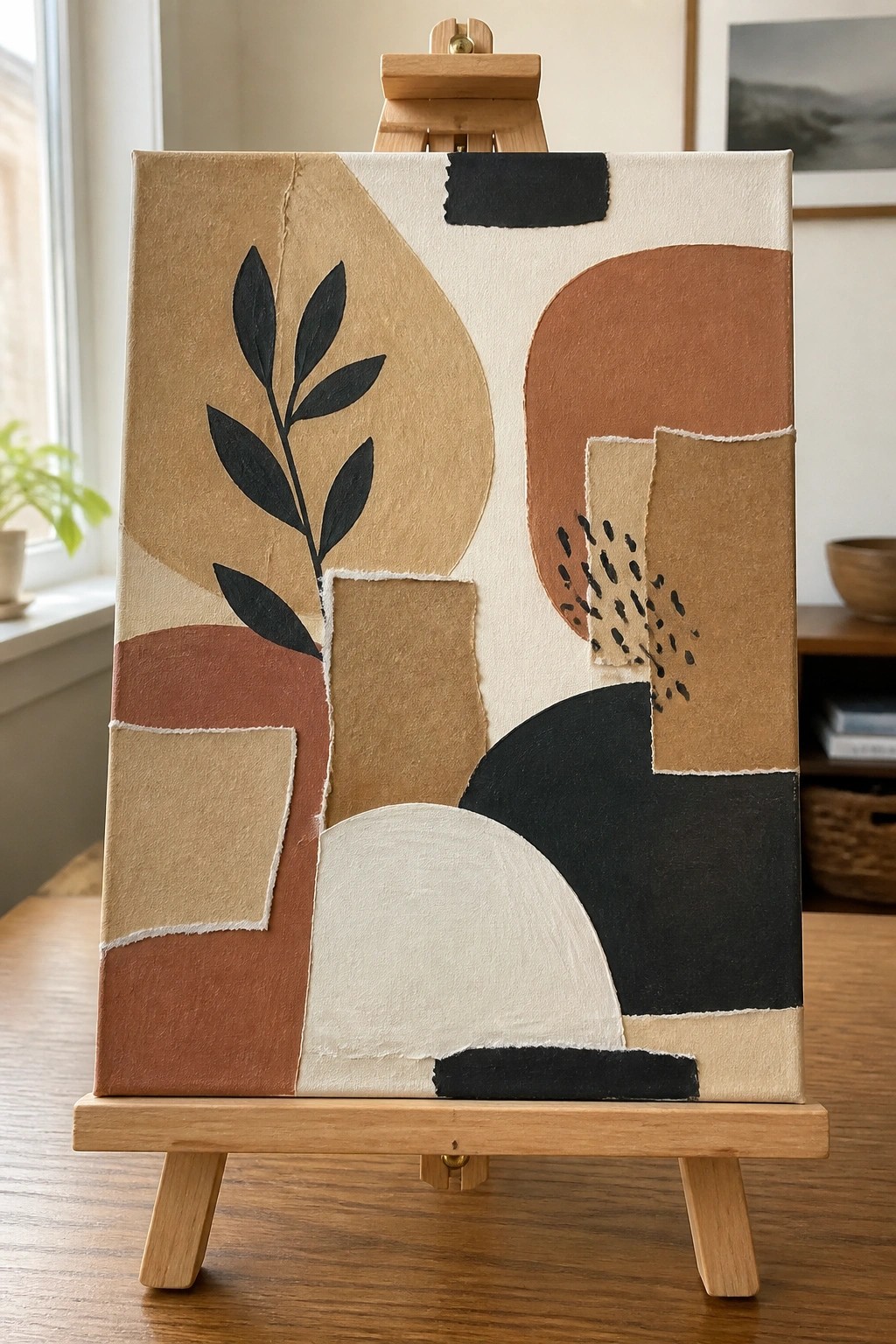 Abstract painting with earthy geometric shapes and black leaf motif on wooden easel