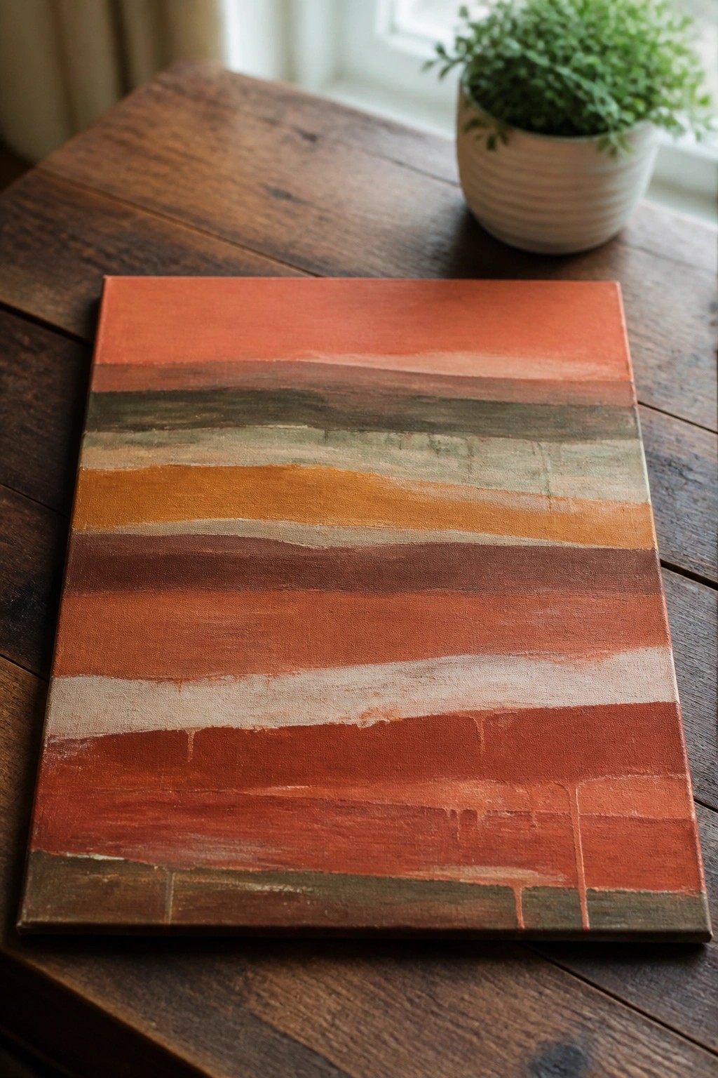 Abstract painting with horizontal stripes in orange red brown tones on wooden table beside plant