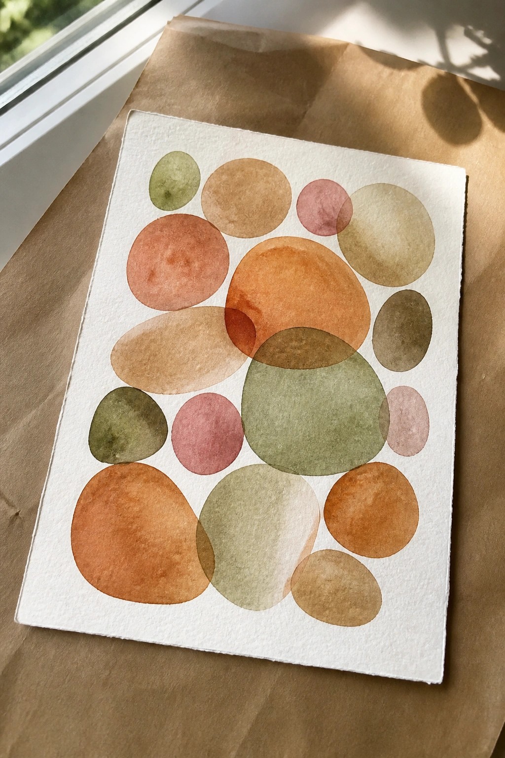 Abstract watercolor with overlapping circles in warm earthy tones on white paper
