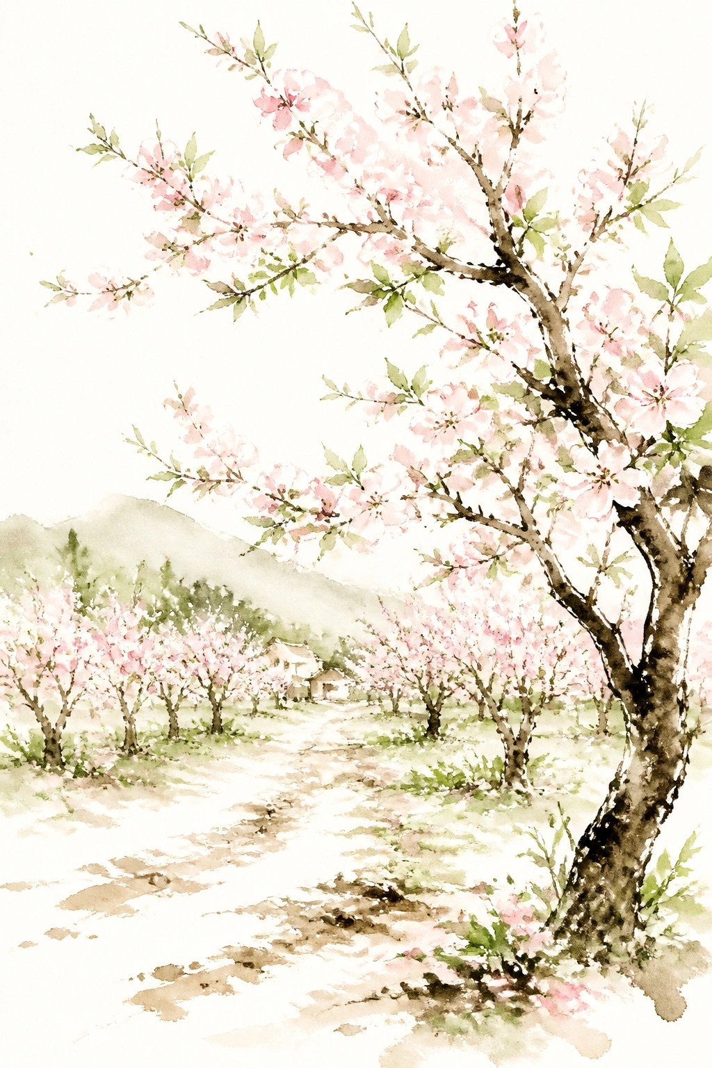 Watercolor landscape of pink cherry blossoms along a winding path with a distant house and mountains in soft natural light