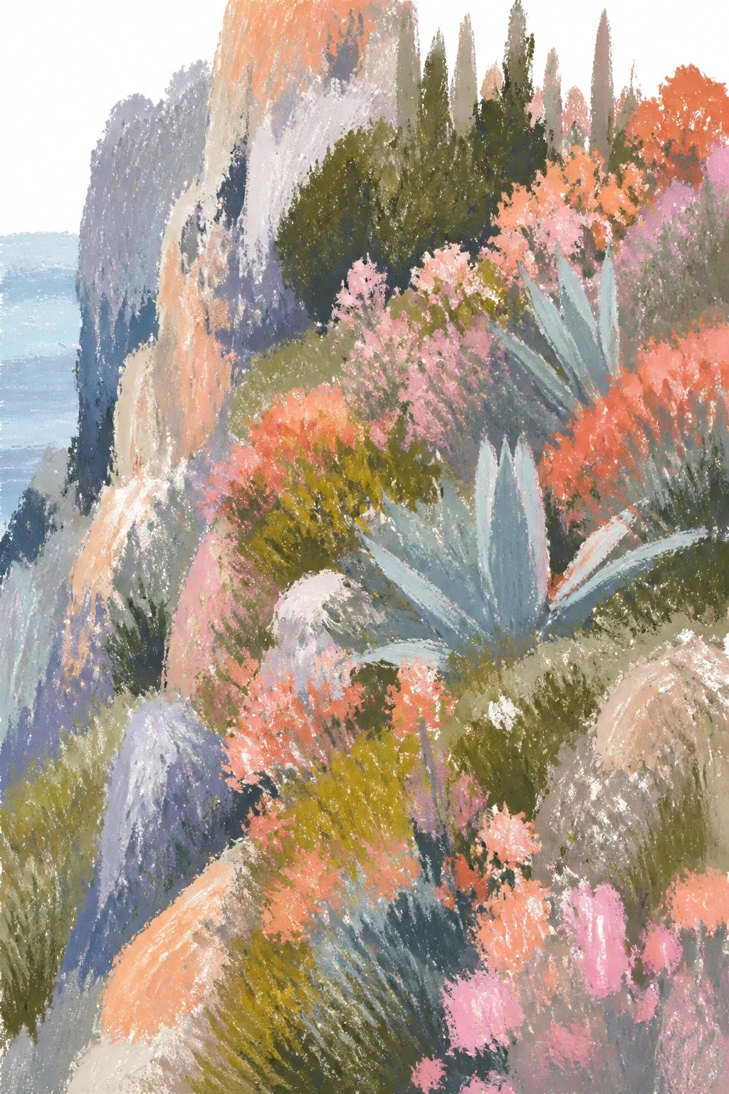 Impressionist landscape of colorful cliffs covered in pink orange and green foliage overlooking a blue sea with soft brushwork