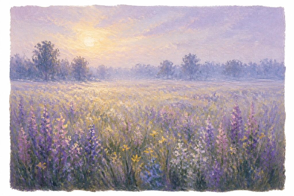 18 Elegant Impressionist Landscape Painting Ideas with Soft Broken Brushwork An impressionist oil painting of a misty meadow filled with purple and white wildflowers under soft golden sunrise light with distant trees.