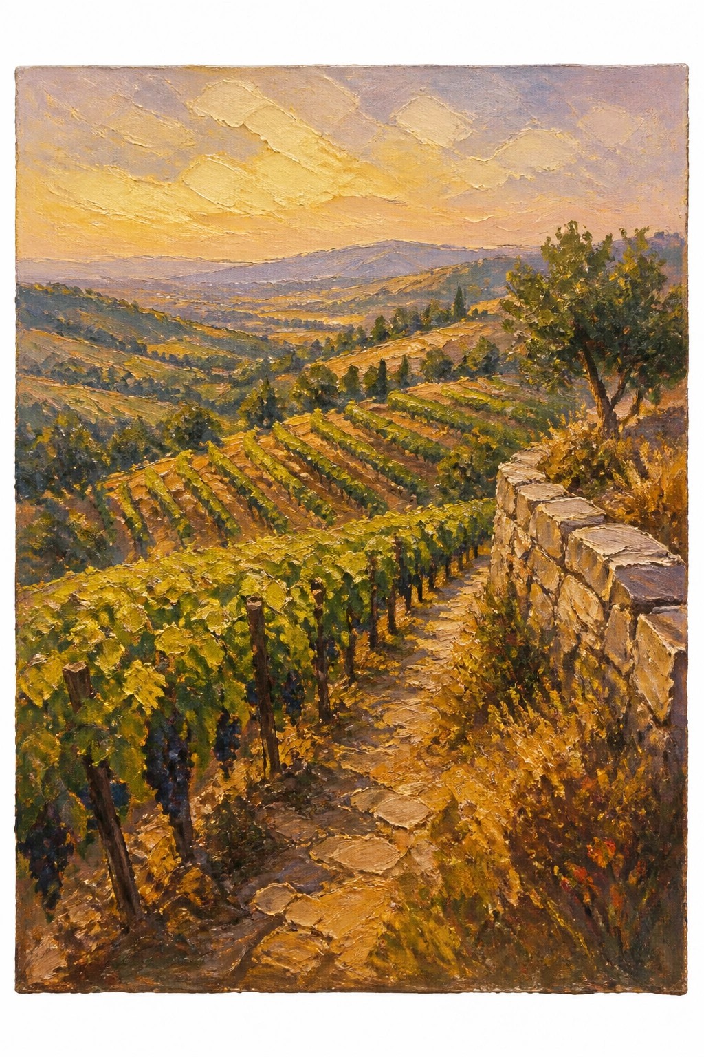 Impressionist oil painting of a vineyard path at golden hour with a stone wall green vines and distant hills under a colorful sky