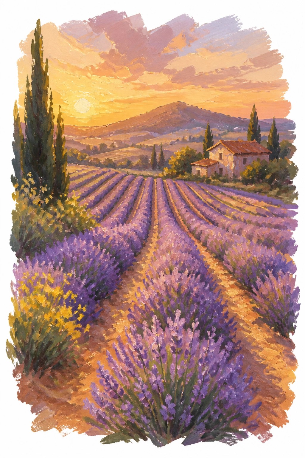 Impressionist oil painting of lavender fields at sunset with a stone house, cypress trees, and distant hills under a golden sky.