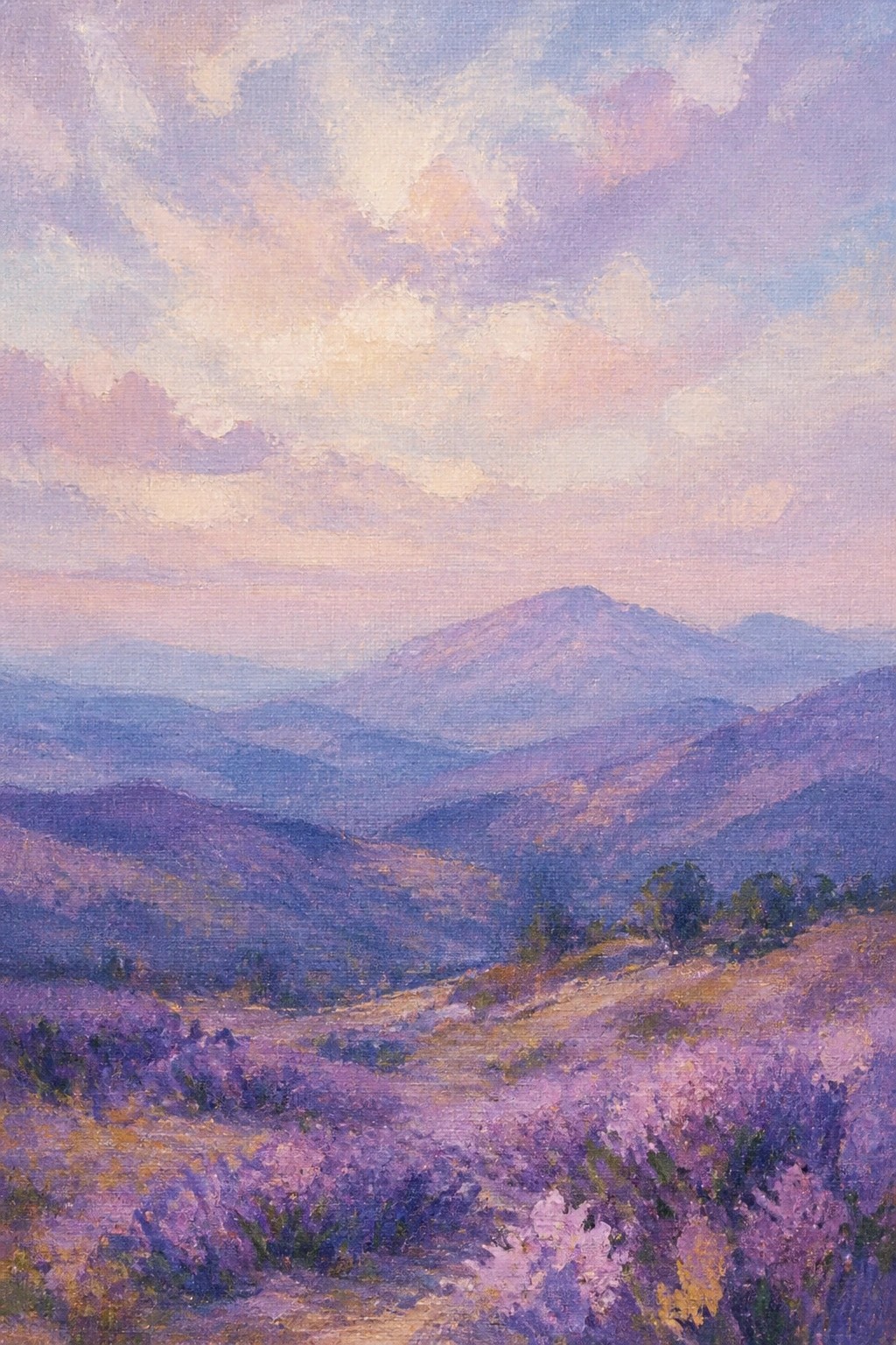 Impressionist oil painting of lavender fields in the foreground with layered purple mountains and a soft pink and blue cloudy sky at dusk.