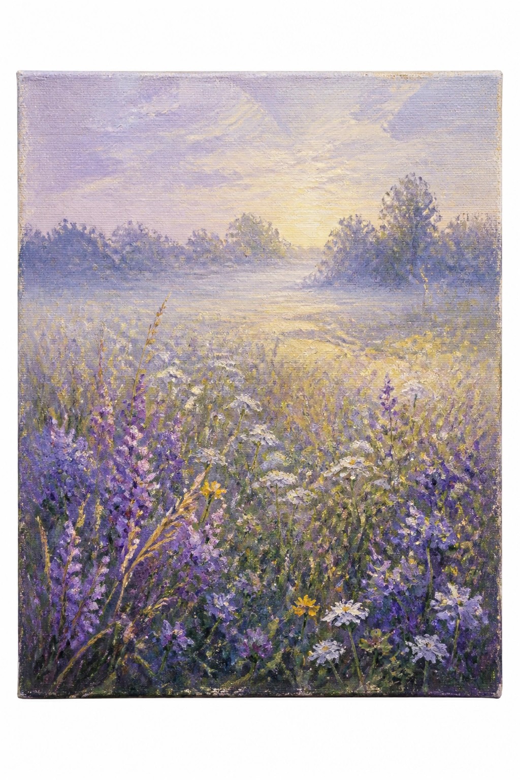 An impressionist oil painting of a misty meadow filled with purple and white wildflowers under soft golden sunrise light with distant trees.