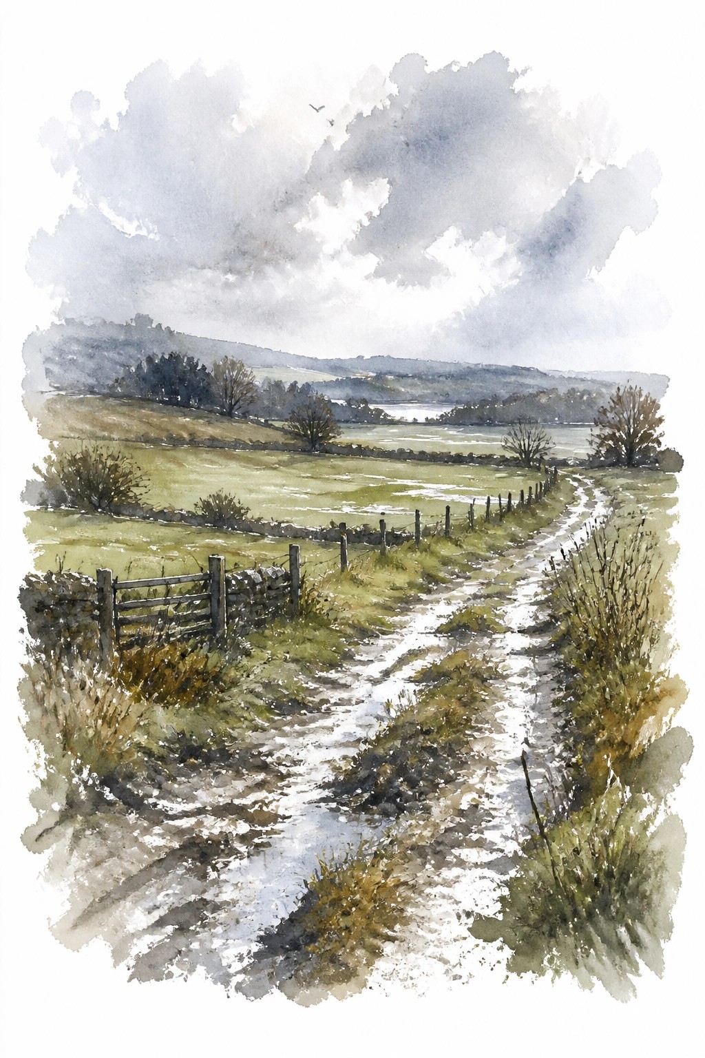 Watercolor landscape of a curving path through green meadows lined with stone walls and fences with distant hills under a cloudy sky and a few birds overhead