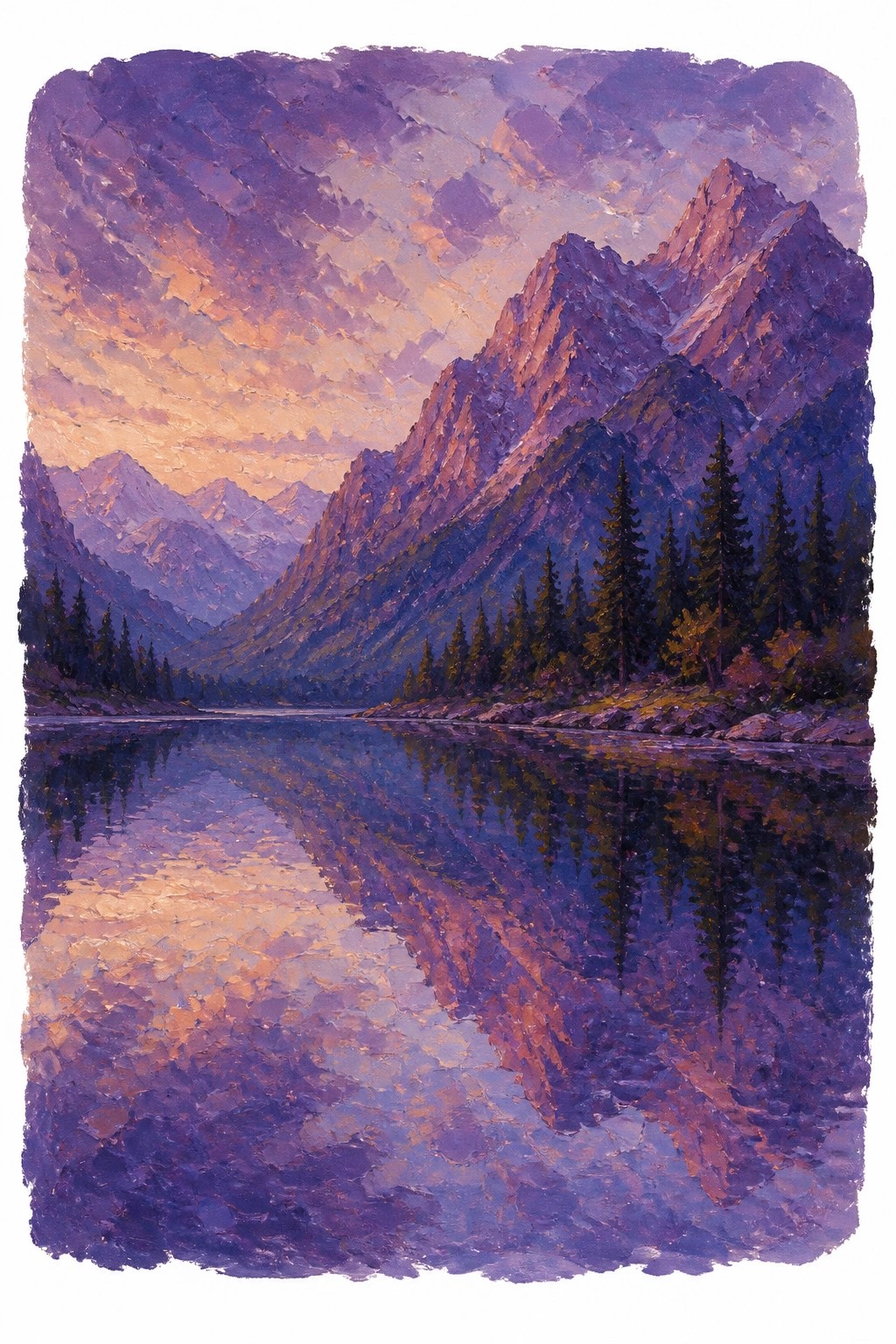 Impressionist oil painting of purple and orange mountains reflected in a calm lake with pine trees along the shore at sunset