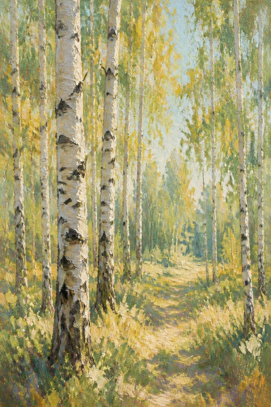 An impressionist oil painting of a sunlit path through tall white birch trees with green and yellow leaves in a calm forest setting