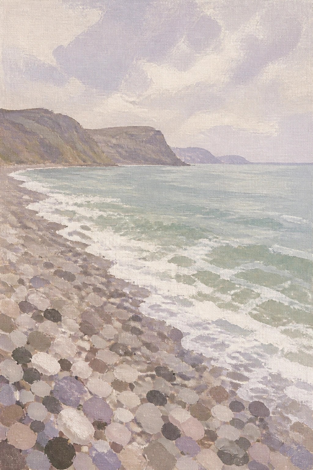 Soft impressionist oil painting of a pebble beach with gentle waves meeting the shore and distant cliffs under a pale cloudy sky.