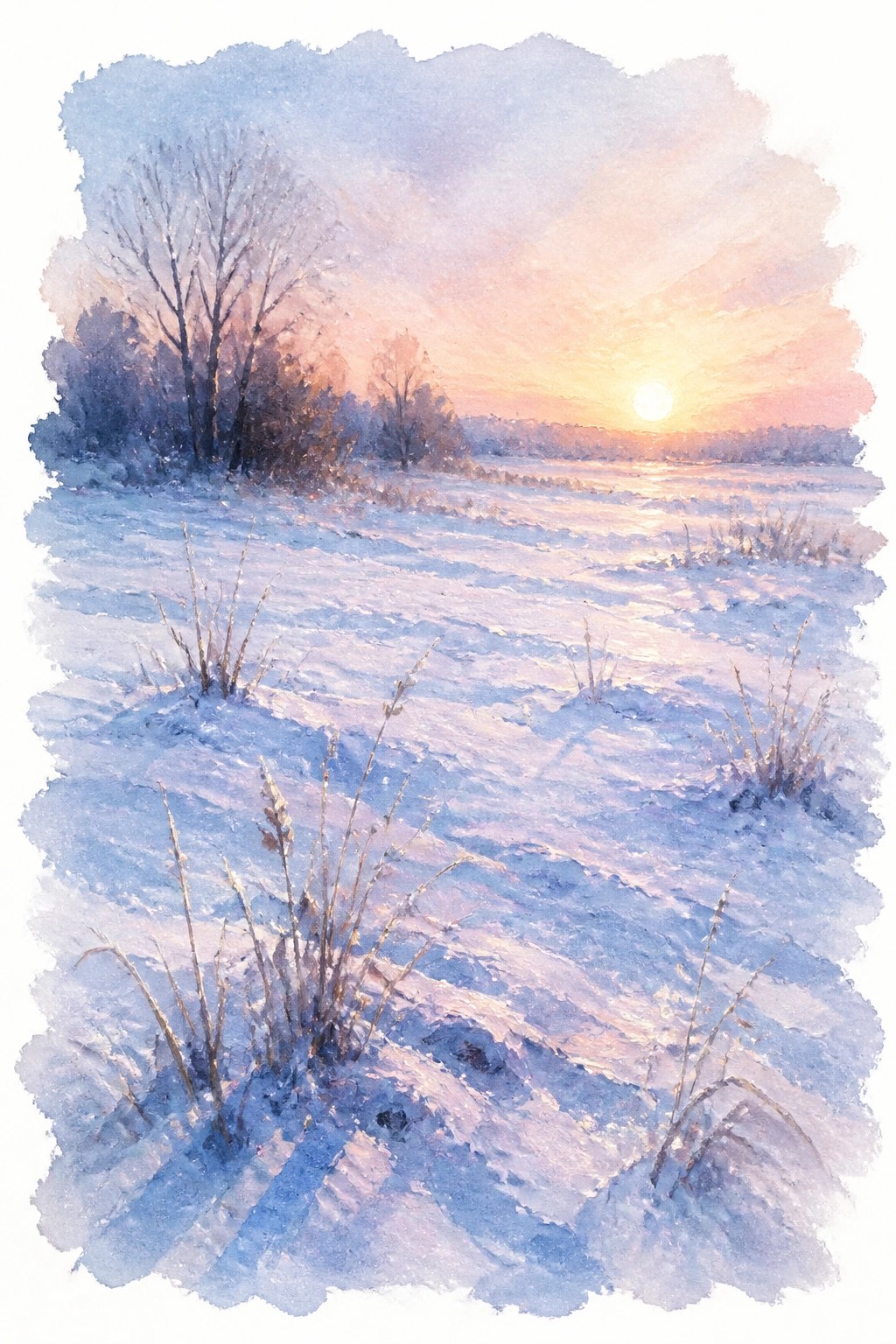 Watercolor impressionist painting of a snowy field at sunset with bare trees, soft pink and blue sky, and warm sunlight reflecting on the snow.