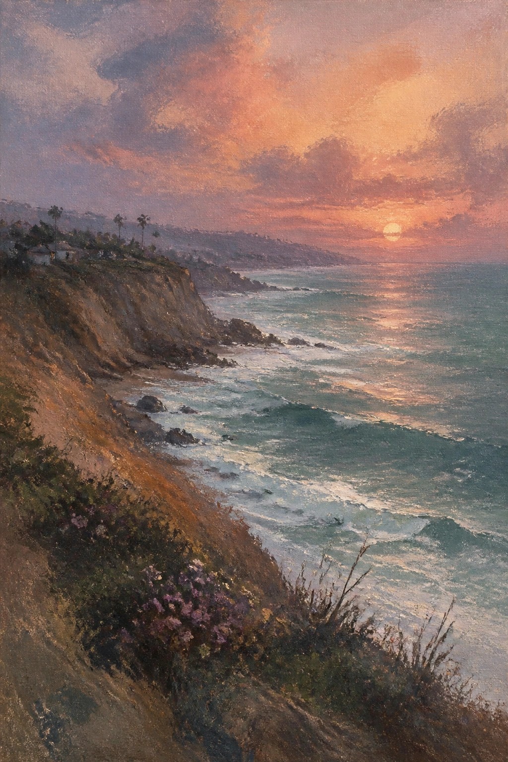 Impressionist oil painting of a sunset over the ocean with cliffs houses and waves in soft broken brushwork.