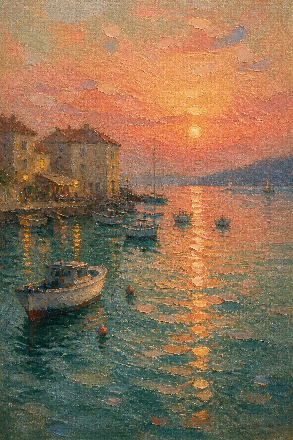 Impressionist oil painting of a sunset harbor with moored boats buildings along the shore and colorful reflections on calm water