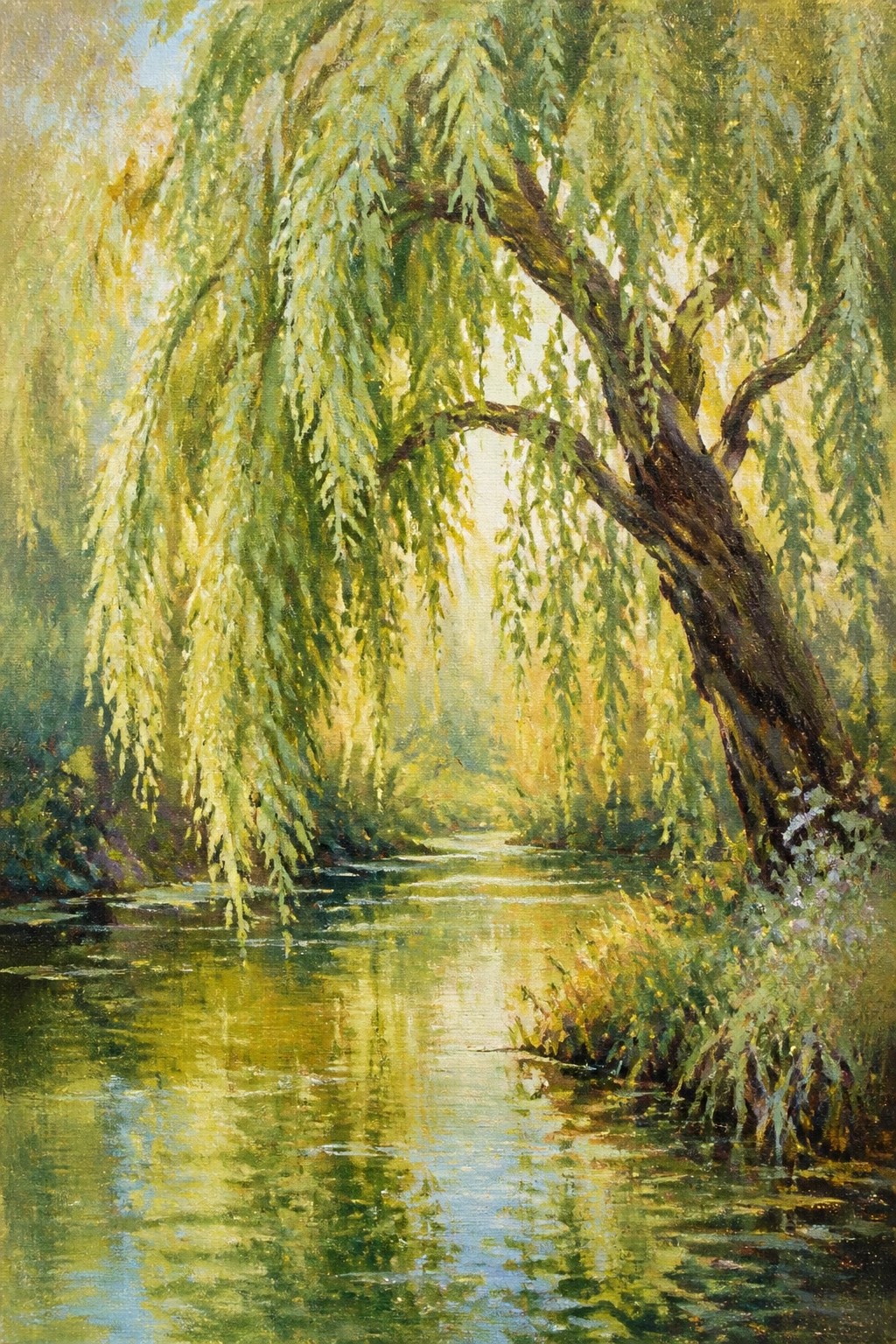 An impressionist oil painting of a weeping willow tree with hanging green branches over a sunlit river, soft reflections in the water, and lush foliage along the banks.