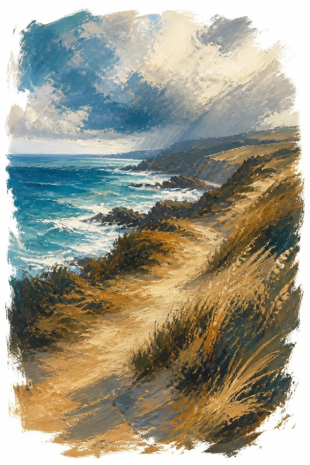 An impressionist oil painting of a coastal cliff path overlooking a turquoise sea with crashing waves under dramatic stormy clouds and golden light accents.