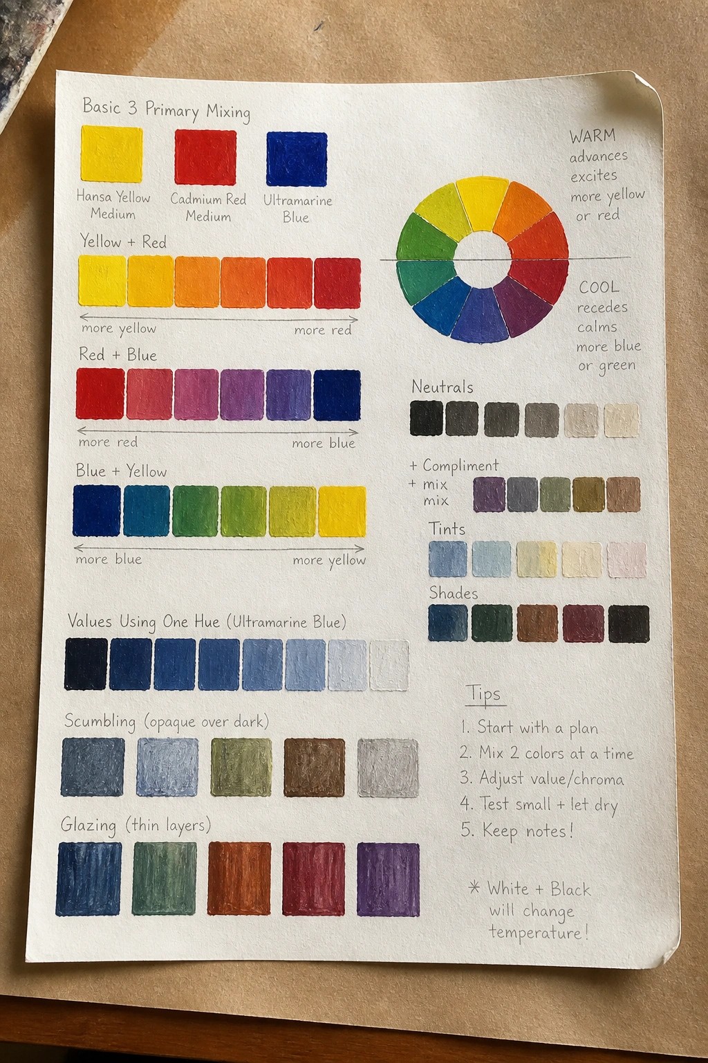 A hand-drawn color mixing chart on paper showing primary colors, secondary mixes, a color wheel, neutrals, tints, shades, and painting tips.