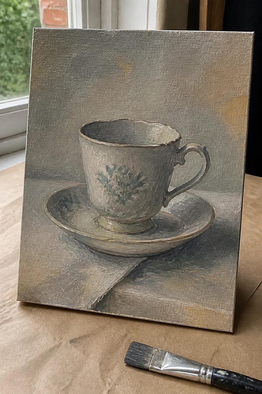 Oil painting of gray teacup and saucer on canvas beside paintbrush on paper