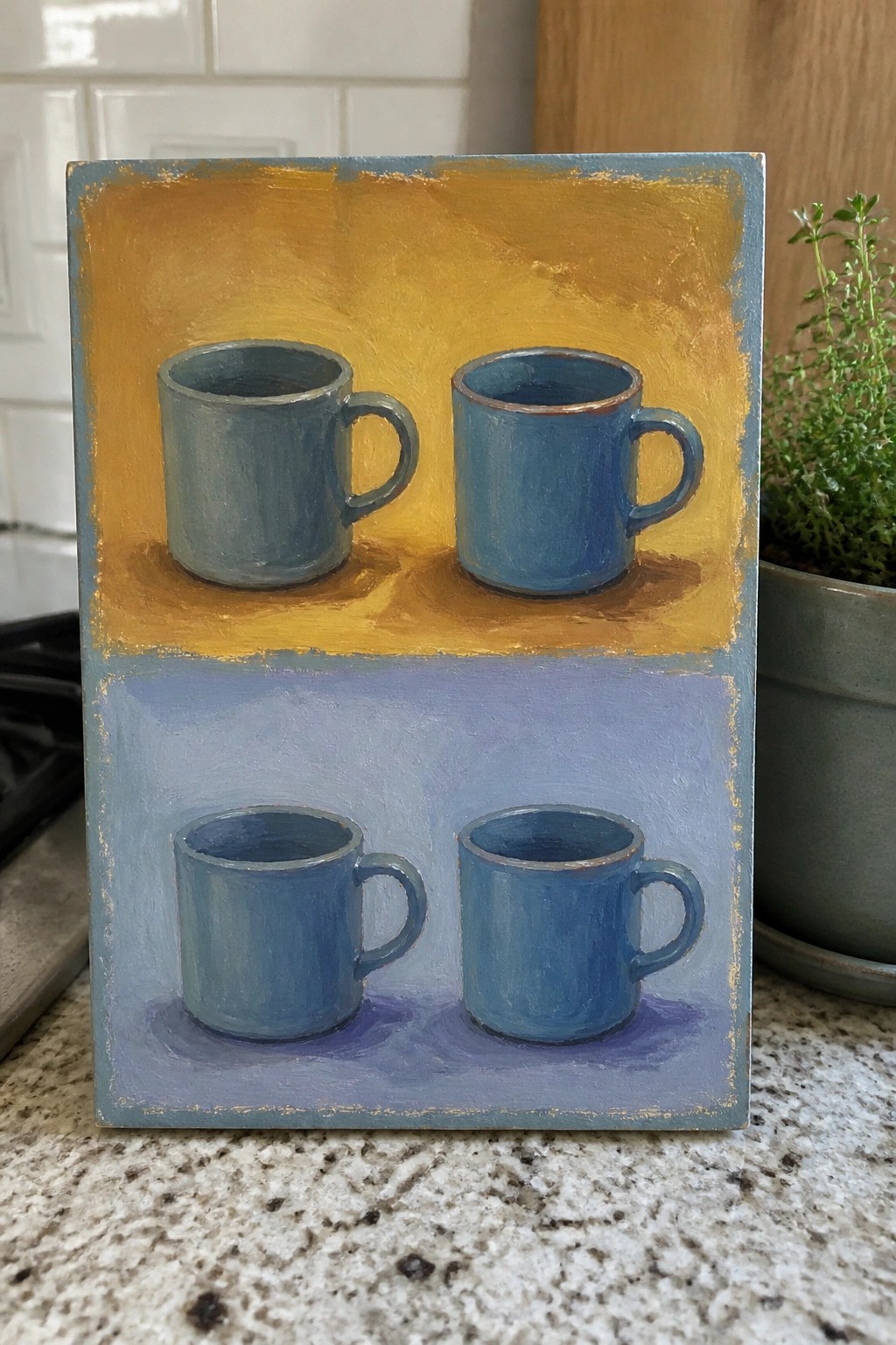 Oil painting of four blue mugs in two rows, top pair on yellow background and bottom pair on purple background, all inside a blue border.