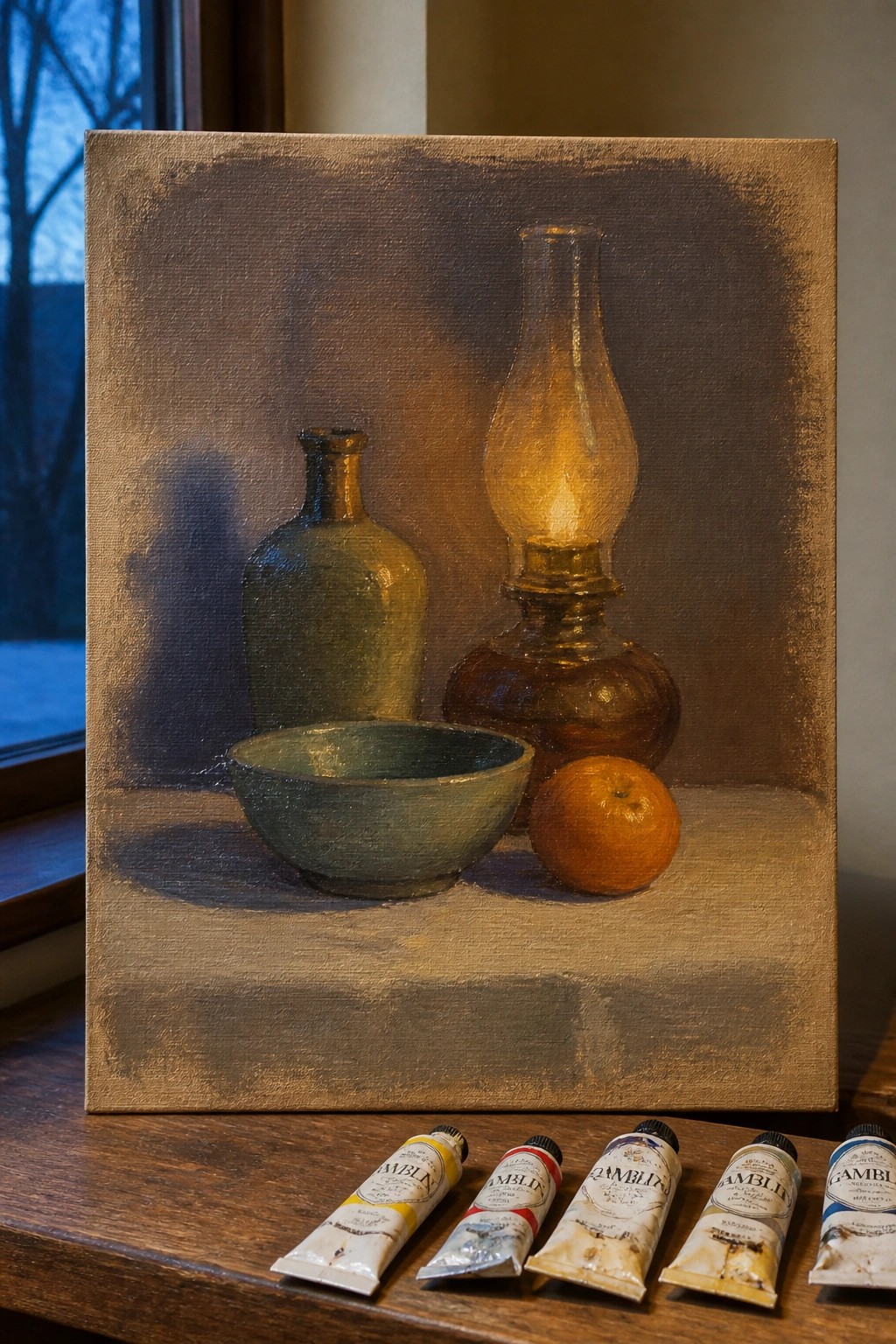 Still life painting with glowing lamp, bowl, bottle, orange and paint tubes