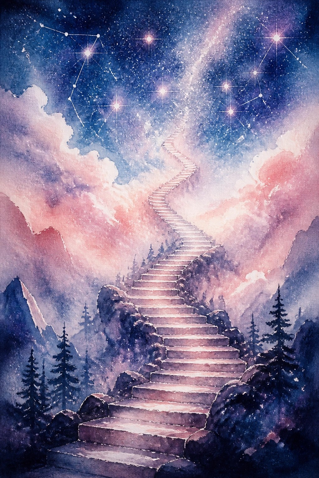 Watercolor fantasy landscape of a winding stone staircase ascending through mountains into a starry night sky filled with constellations and pink clouds