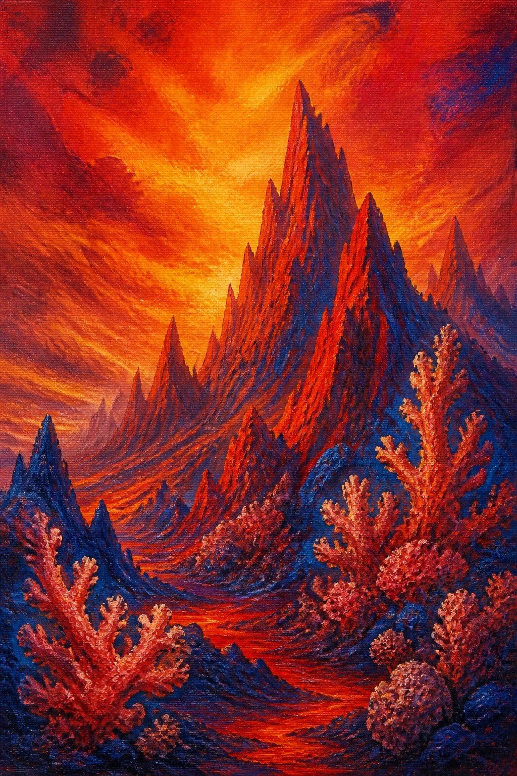 A vibrant oil painting of sharp red and blue mountains under a fiery orange sky with red coral structures in the foreground