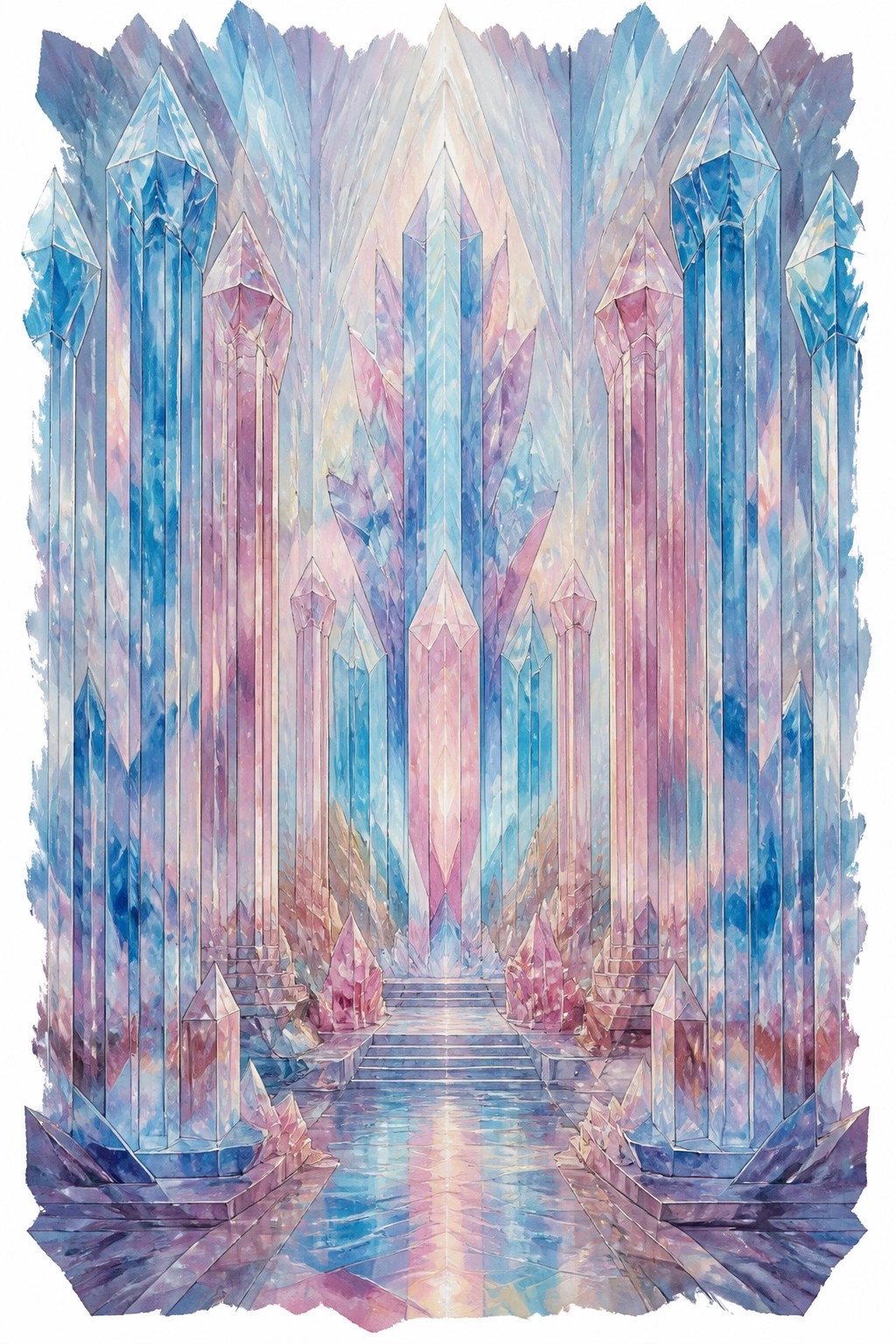 Ethereal fantasy landscape with tall blue and pink crystal spires flanking a glowing reflective path with stairs in soft watercolor style.