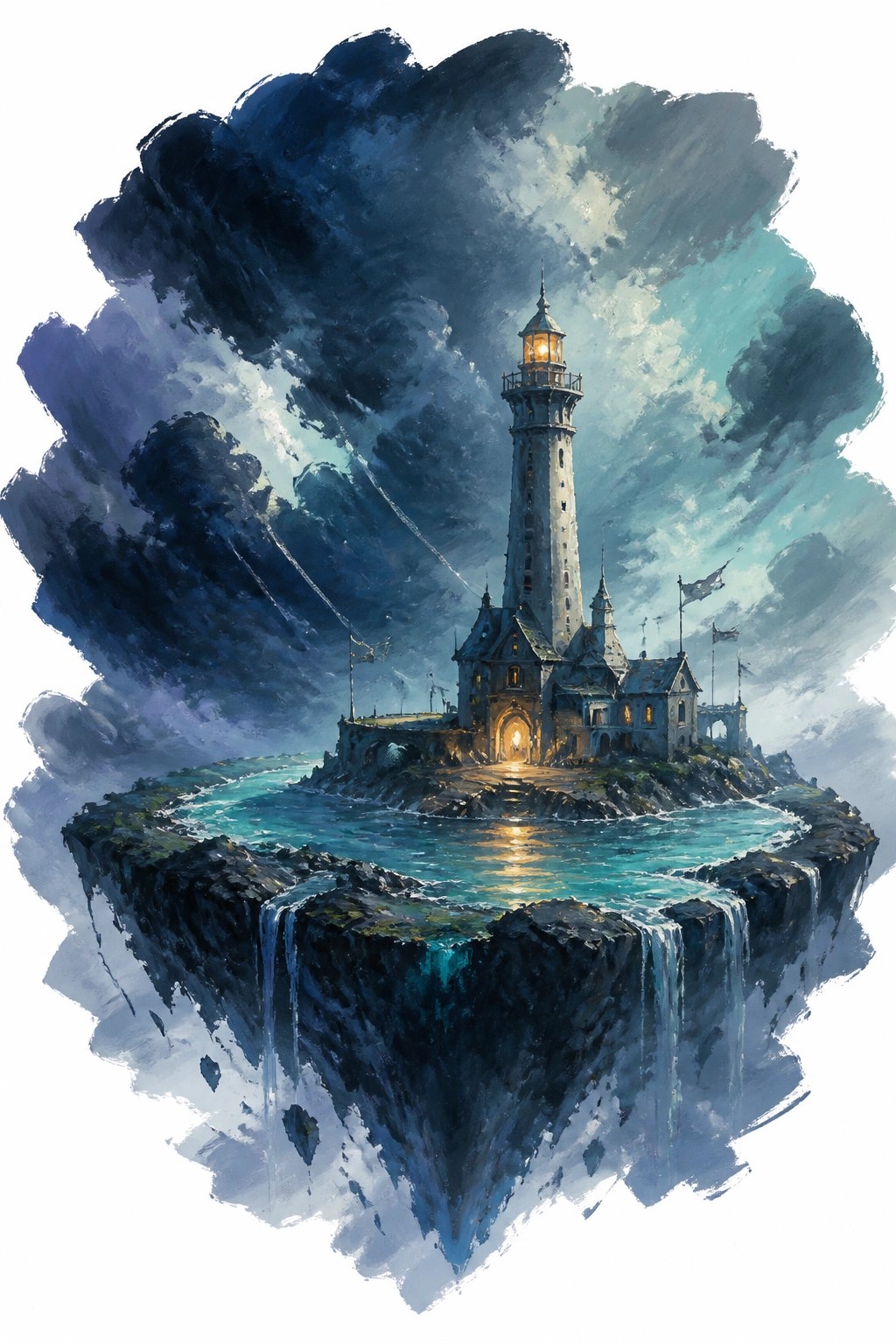 A tall white lighthouse with glowing light stands on a rocky floating island surrounded by dark stormy clouds in blues and teals with waterfalls flowing from the edges