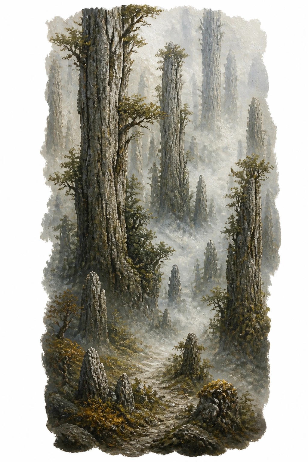 A misty fantasy landscape with tall rocky pillars covered in trees and a winding path through fog