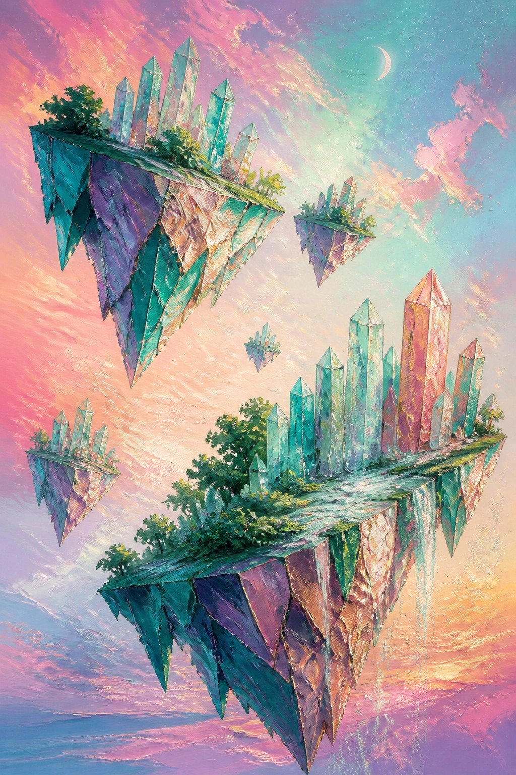 A vibrant surreal painting of floating islands with crystal spires green trees and waterfalls under a pink teal and orange sky with a crescent moon.