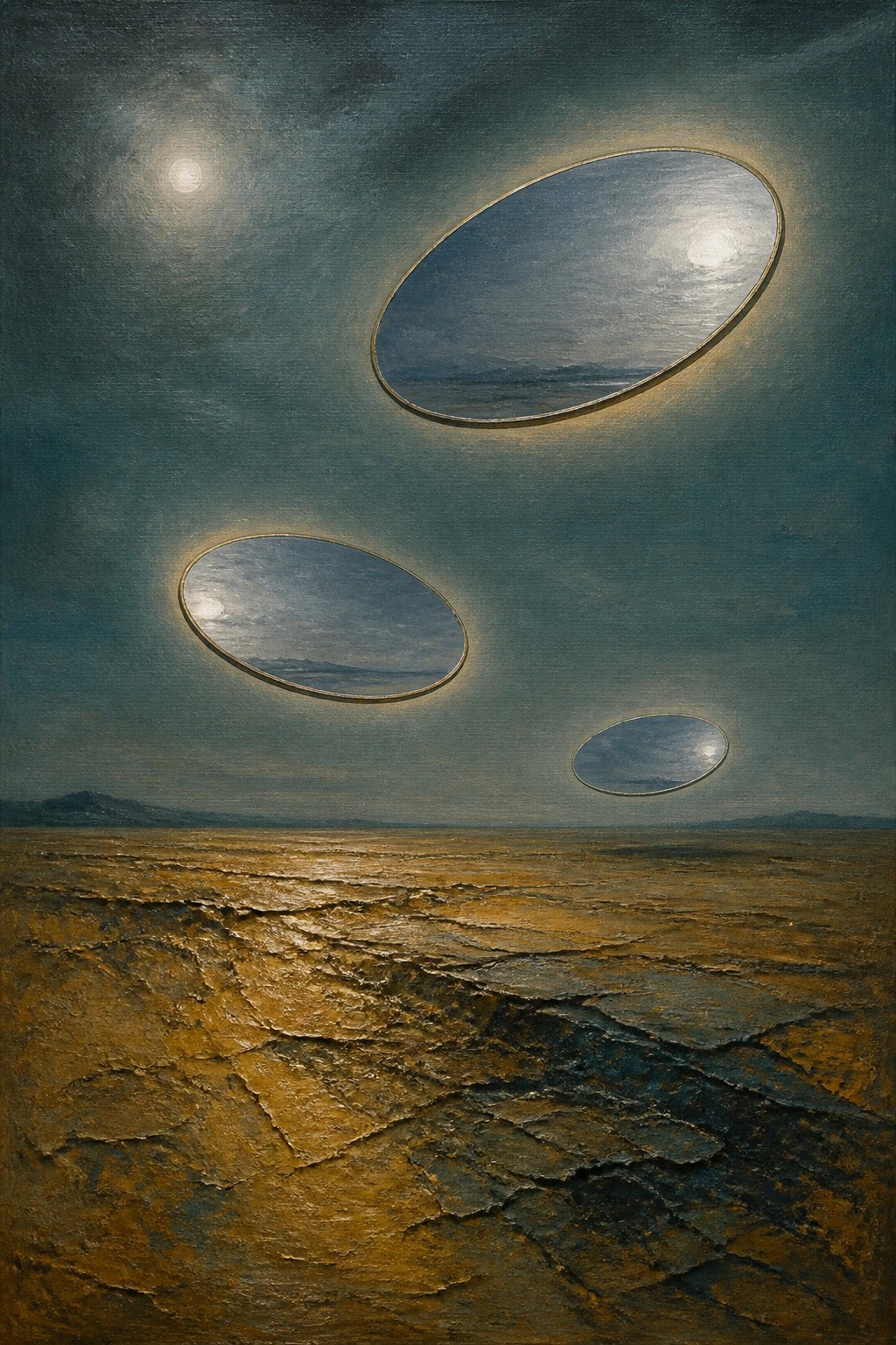 A surreal oil painting of a cracked golden desert under a stormy teal sky with three glowing oval mirrors floating and reflecting the moon and landscape.