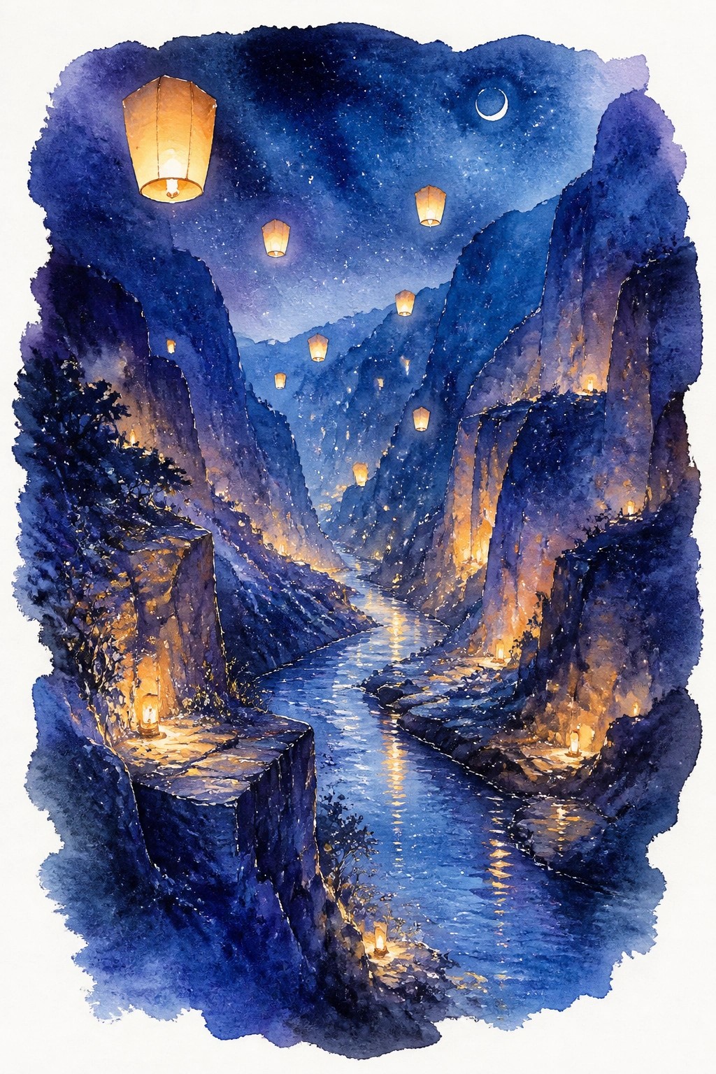 Watercolor fantasy landscape of a starry night river canyon with floating lanterns glowing on cliffs and water reflections.