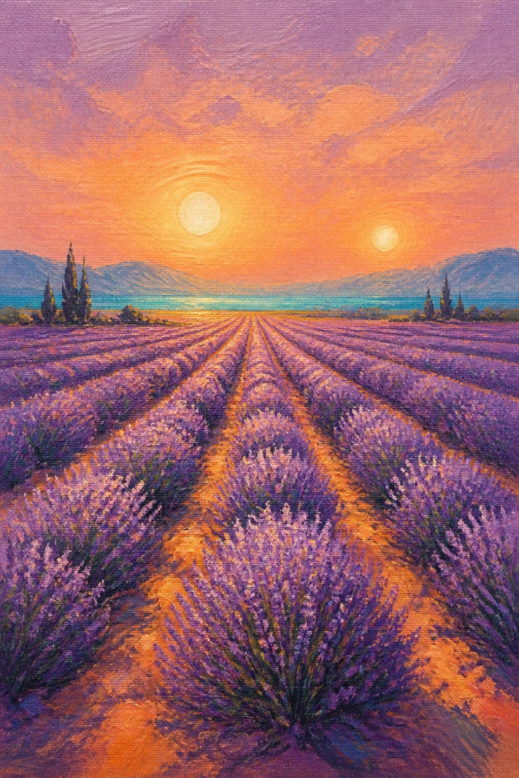 An oil painting of a vast lavender field at sunset with two suns in the sky, purple flowers along dirt paths, a turquoise sea, and mountains in the background.