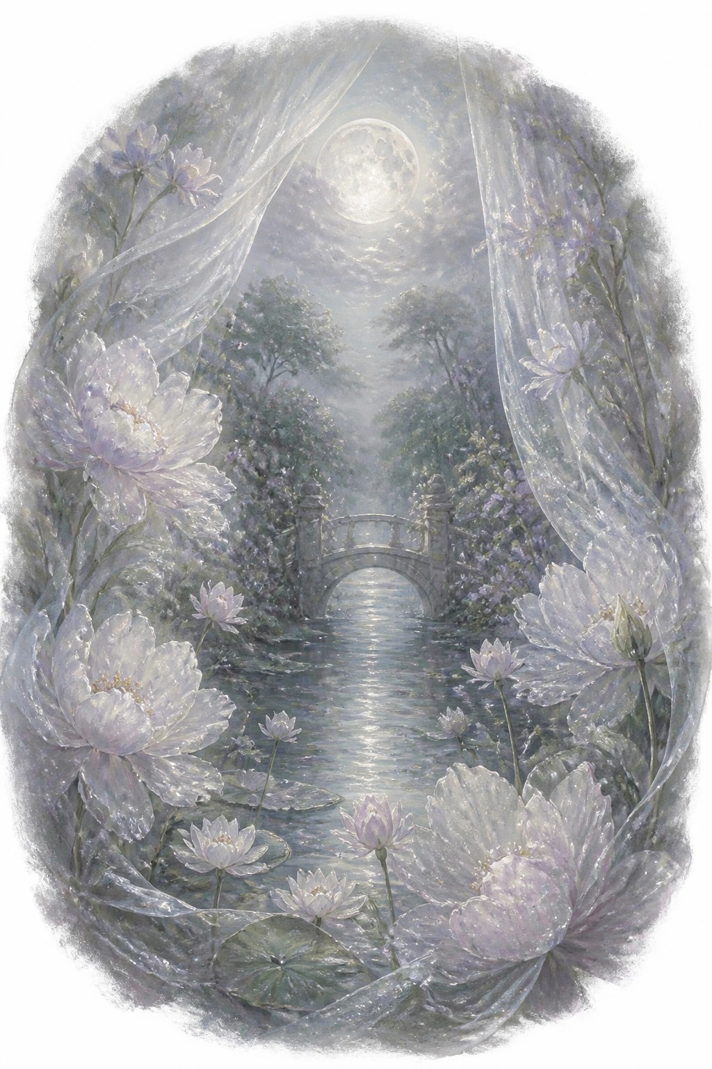 A fantasy night landscape with a stone bridge over a reflective river under a full moon surrounded by large white flowers sheer curtains and misty trees.