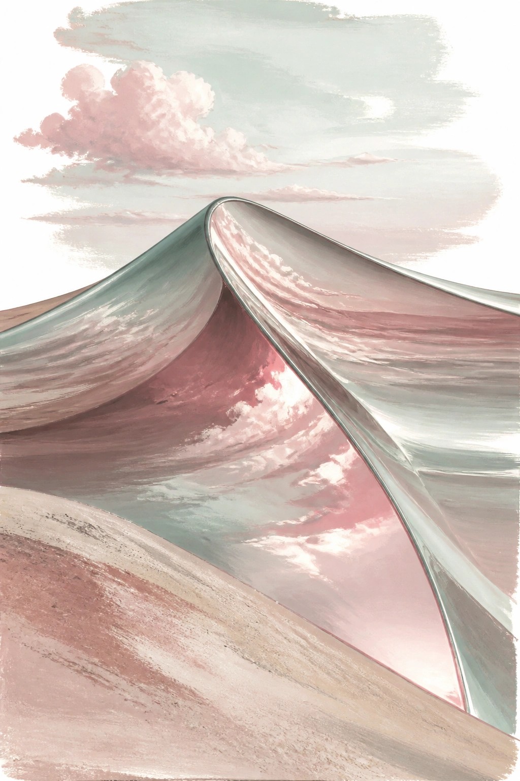 A surreal painting of glossy rolling hills reflecting pink clouds in a soft pastel sky with smooth blended colors.