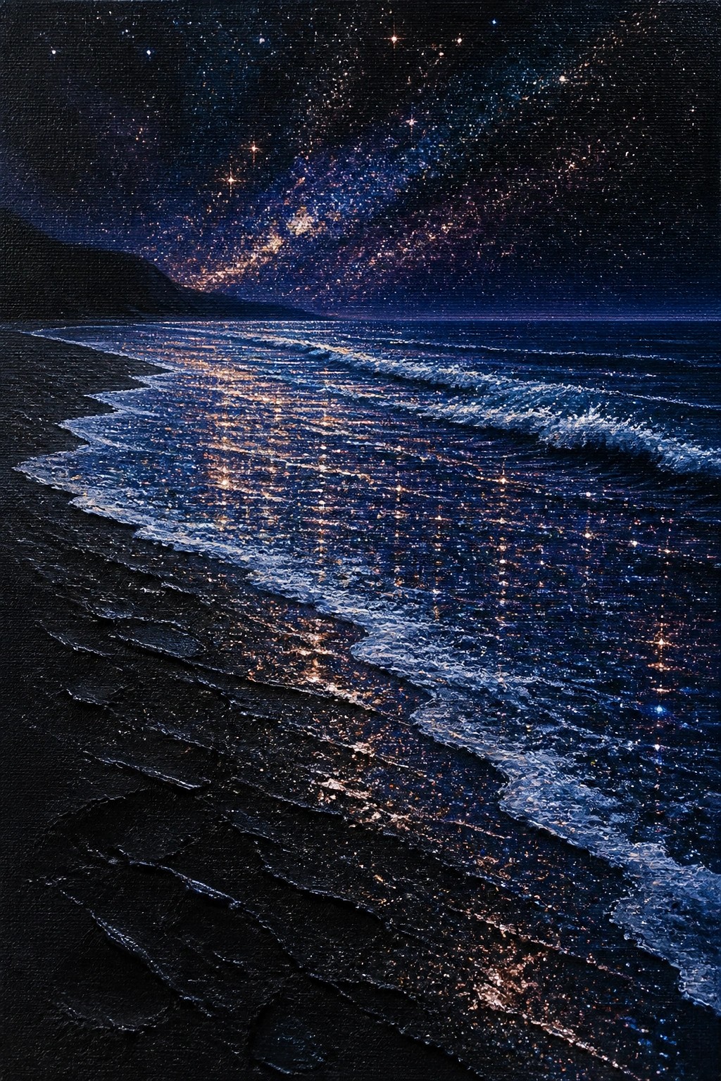 Oil painting of a dark beach at night with glowing waves reflecting a dense starry sky and Milky Way above the horizon.