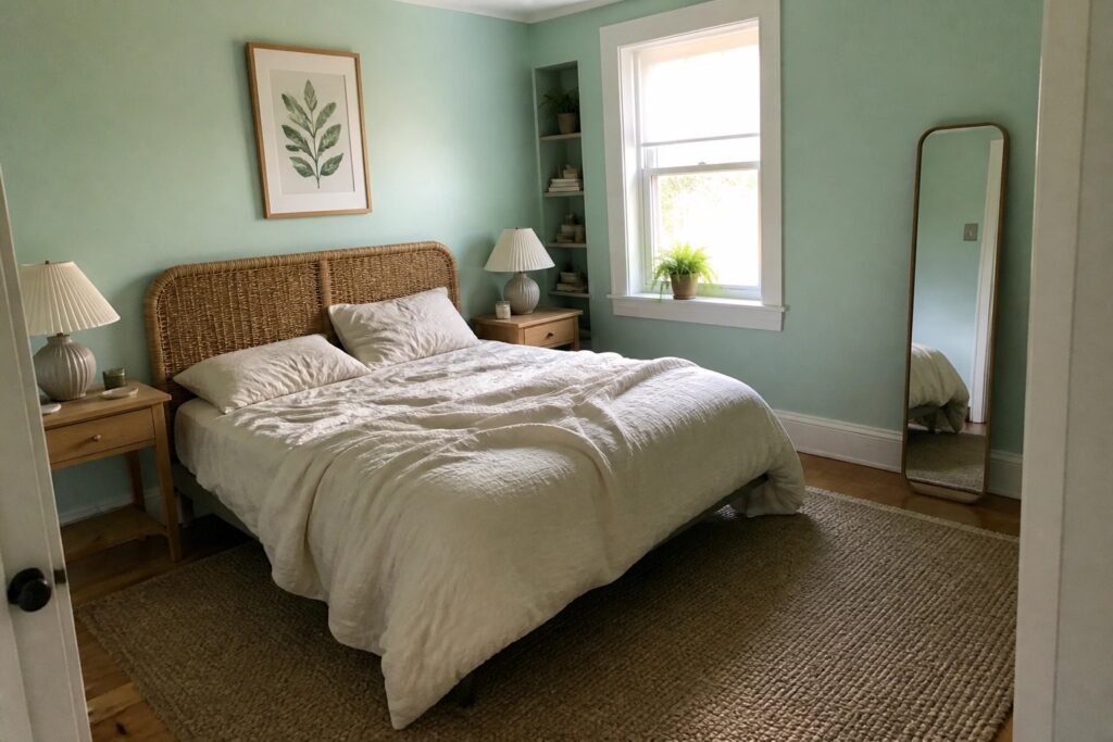 18 Fresh Light Green Paint Colors That Make Small Rooms Feel Brighter A small bedroom with soft sage green walls and warm wood furniture.