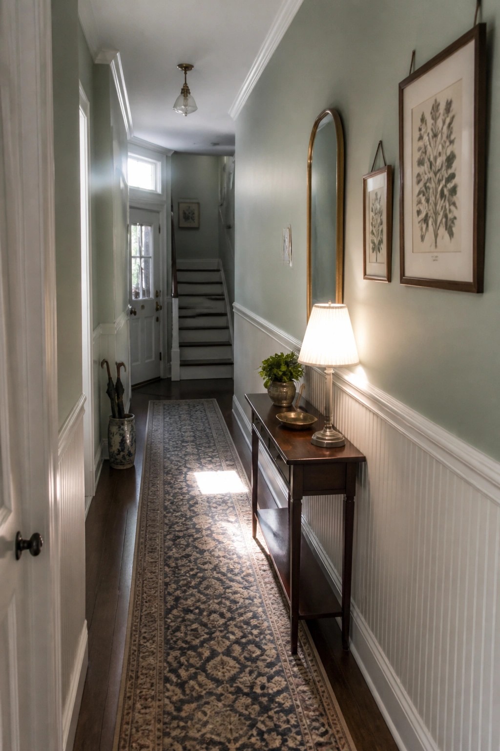 Narrow hallway with sage green walls, patterned runner rug, console table, and staircase