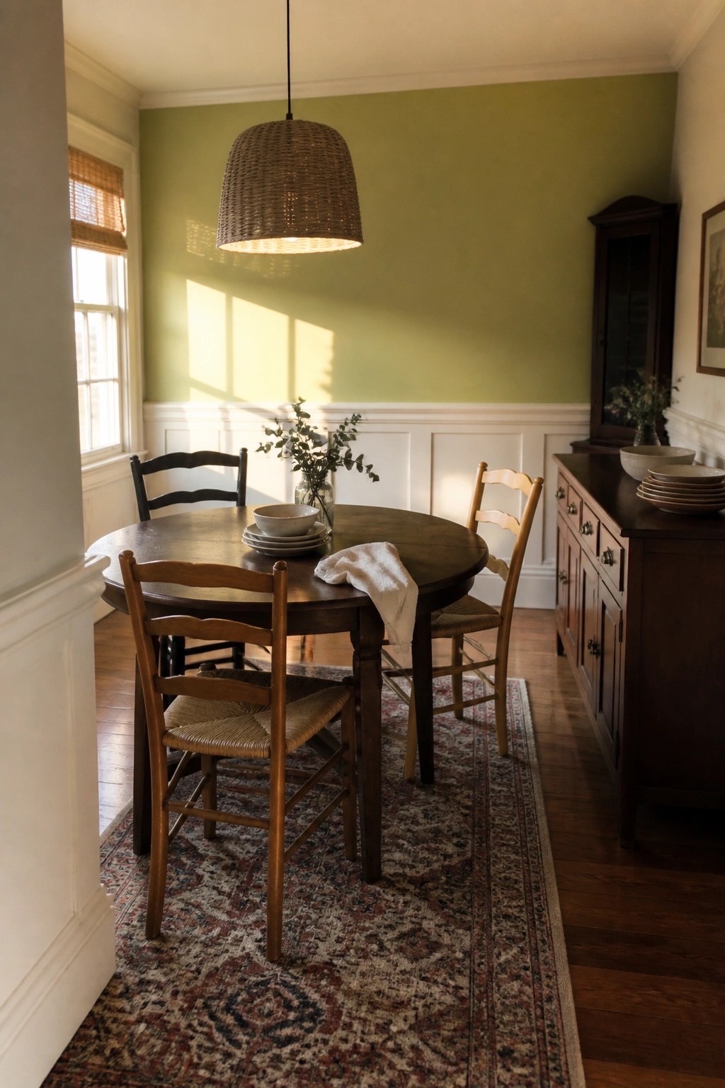 A dining room with soft light green walls painted above white wainscoting.