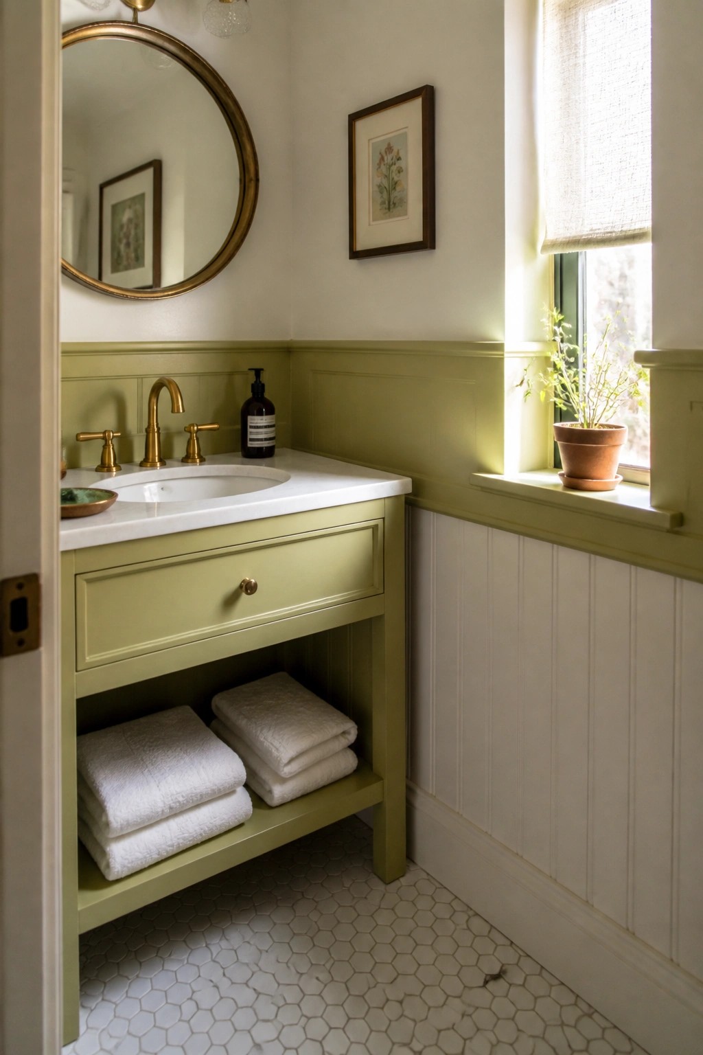 A small bathroom with light green wainscoting and vanity next to white tile and a window.