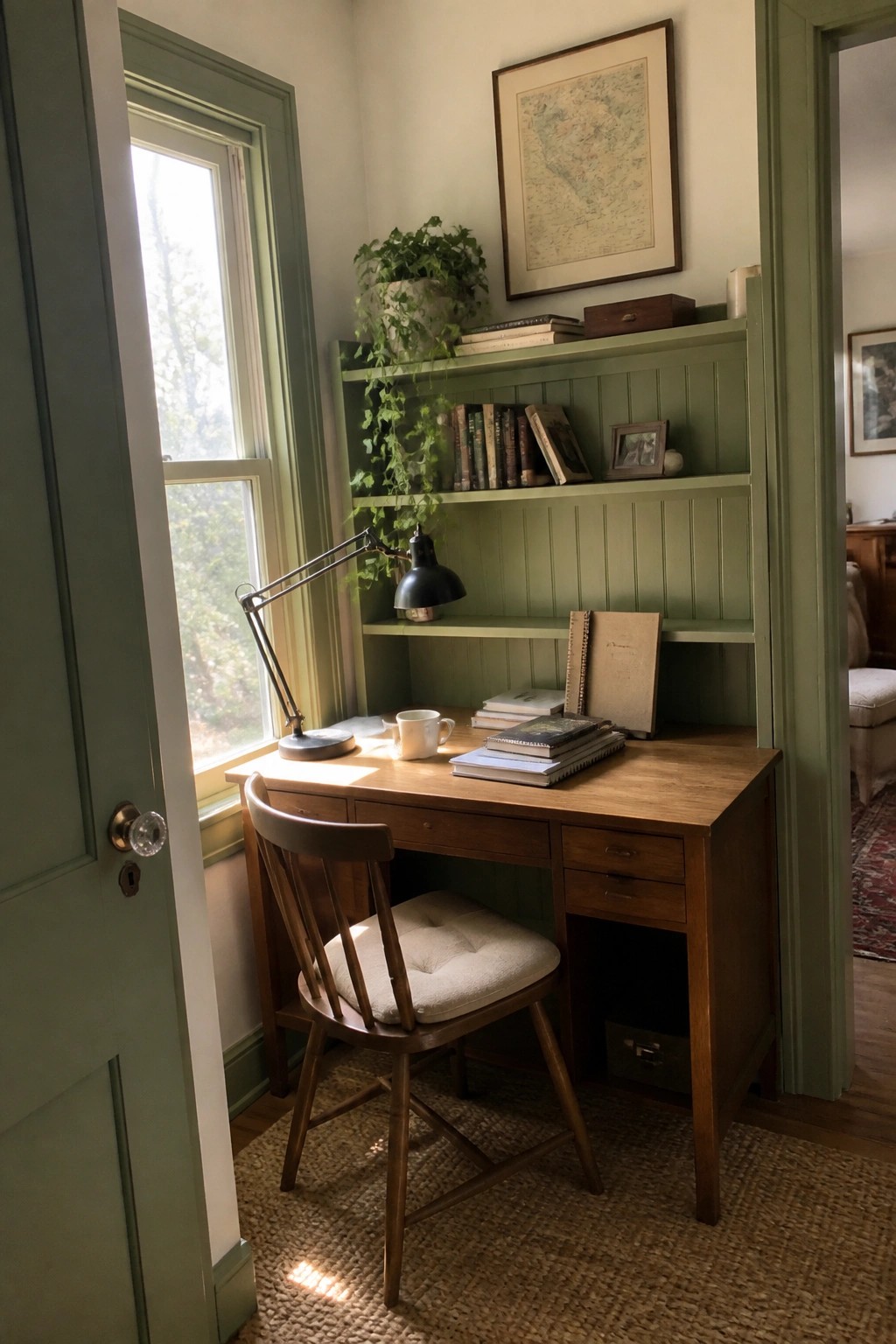 Light green paint on the walls and built-in shelves of a small desk nook with a wood desk and chair.