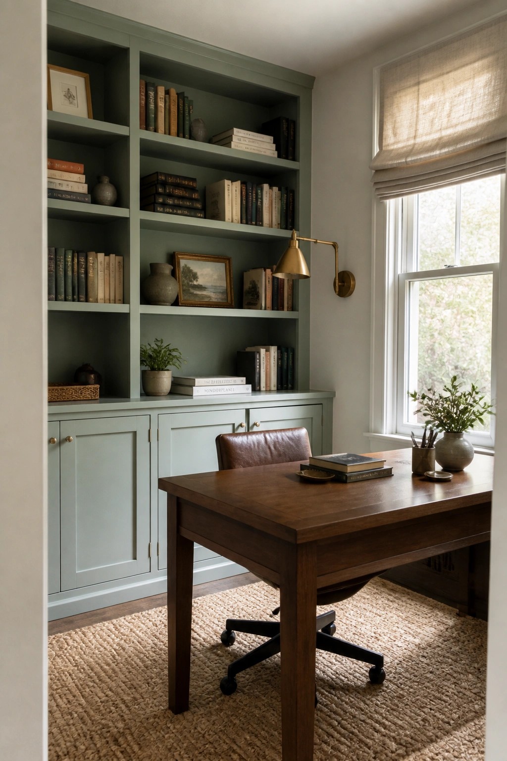 Built-in bookshelves and lower cabinets painted in a soft light green color fill one wall of a small home office.