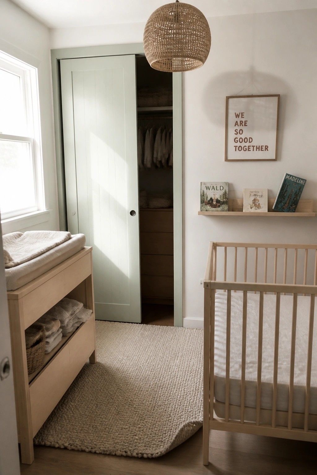 Soft light green painted on the closet door and walls of a small nursery.