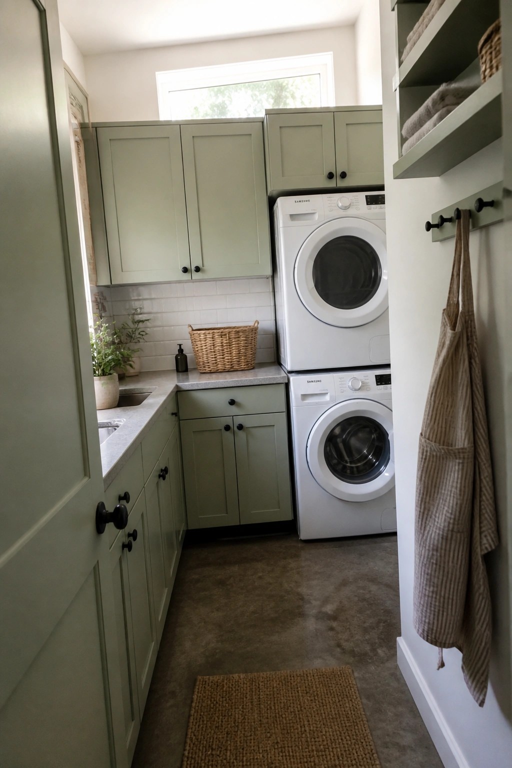 A narrow laundry room with sage green cabinets, stacked white appliances, and white tile backsplash.