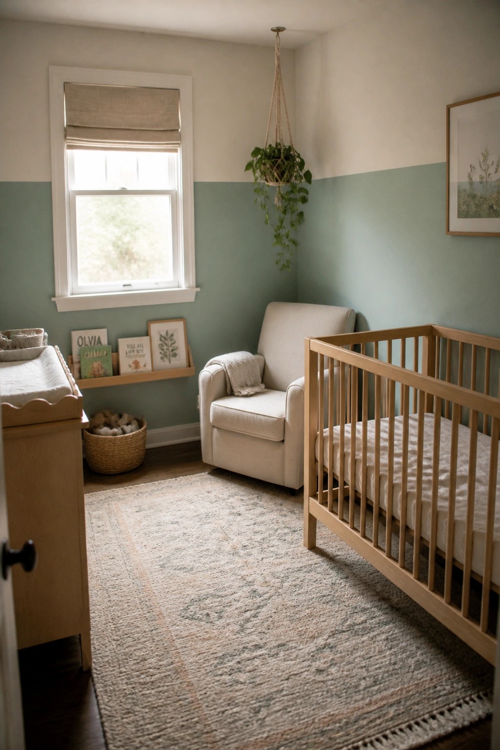 A small room with soft light green painted on the lower half of the walls next to white trim and wood furniture.