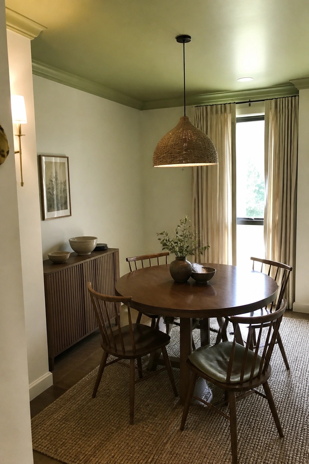 Light green walls in a small dining room with a wooden table and chairs.