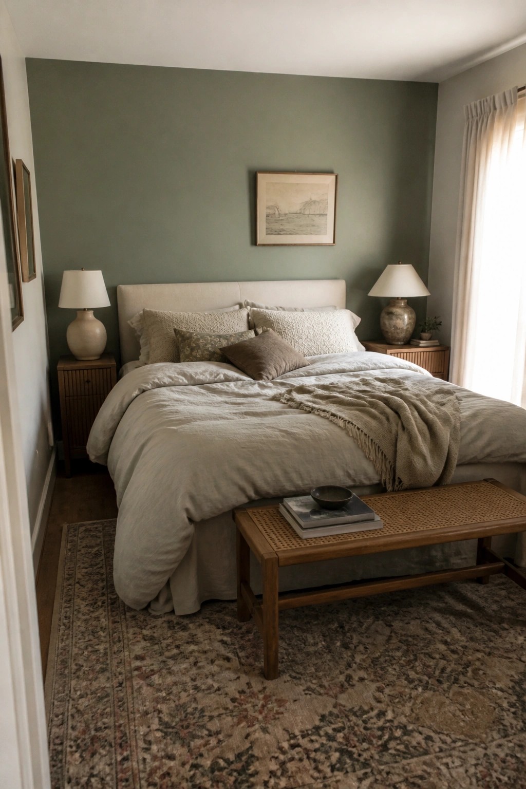 Serene bedroom with sage green wall, beige bedding, wooden bench, nightstands and rug